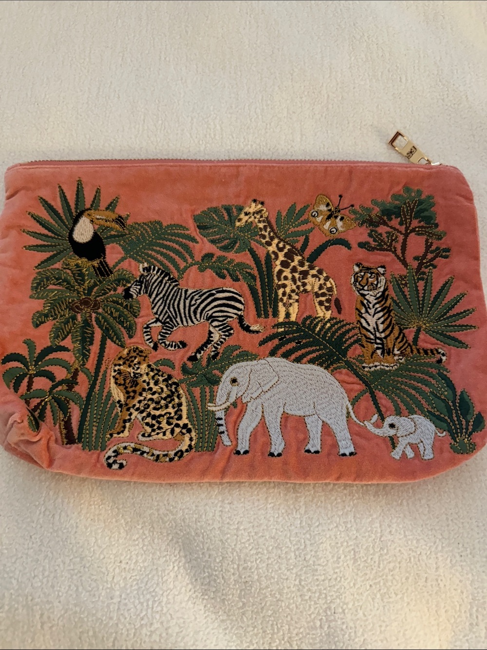 Elizabeth Scarlett Embroidered Jungle Velvet Clutch — Coral Pink